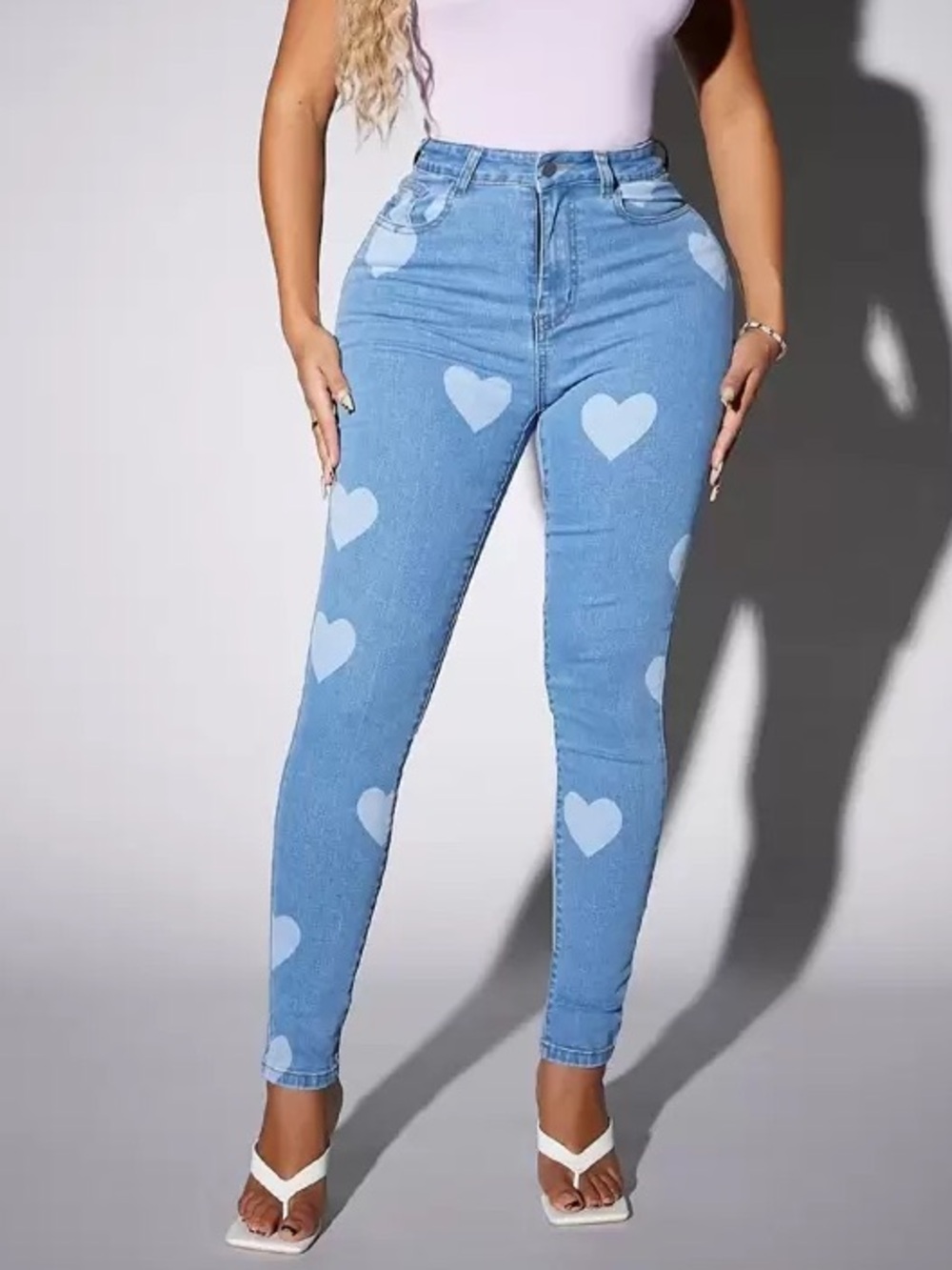 SHEIN SXY Heart Print Jeans High Waist Skinny Stretch Denim Blue Women 30